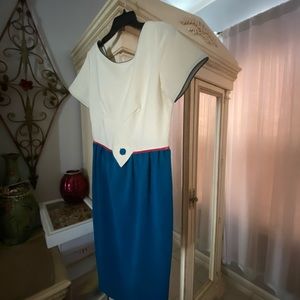 Tatyana ivory and teal blue with red waist accent dress - L
